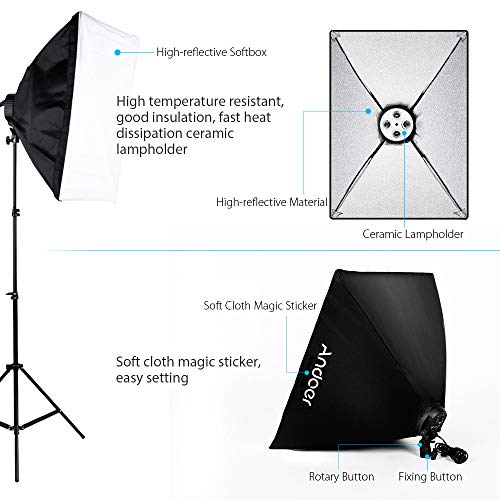 Andoer Softbox Kit de Iluminación para Photo Studio Video, (12)Bombilla 45W (Equivalente a 2400W), (3)Portalámparas 4-en-1, (3)Softbox, (3)Light Stand 200cm, (1)Barra de brazo de suspensión (1)Bolsa