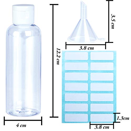Aneco - Juego de botellas transparentes de viaje de plástico de 10 piezas, 100 piezas, botellas de tubo transparentes, transparentes, con 5 piezas de embudos pequeños y 4 piezas de etiquetas autoadhes