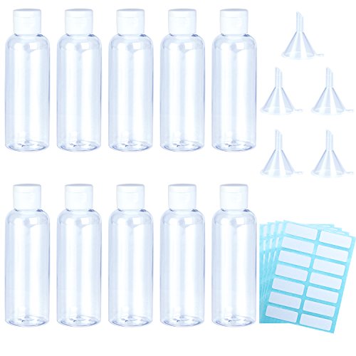 Aneco - Juego de botellas transparentes de viaje de plástico de 10 piezas, 100 piezas, botellas de tubo transparentes, transparentes, con 5 piezas de embudos pequeños y 4 piezas de etiquetas autoadhes