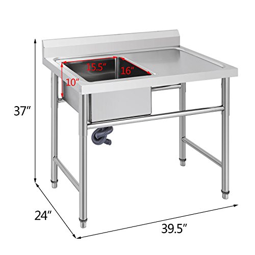 Anhon Fregadero de Acero Inoxidable Barra Inferior Fregaderos de un Seno Estándar Comercial Fregadero para Bar Restaurante Cocina (1 compartimento con escurridor derecho)
