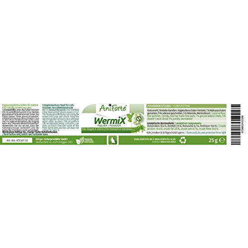 AniForte WermiX en polvo para gatos 25g - producto natural para antes, durante y después de la infestación de gusanos, el ajenjo y las hierbas naturales ayudan al estómago y el intestino