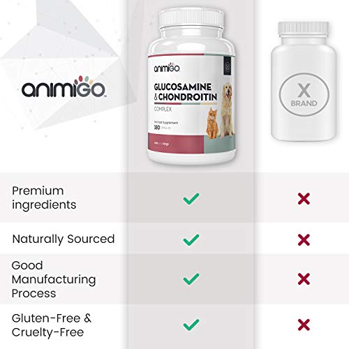 Animigo Glucosamina y Condroitina 500mg 180 Cápsulas | Suplemento Antiinflamatorio para Perros y Gatos Natural con Vitamina C y para Articulaciones, Huesos, Dientes, Cartílagos y Movilidad General