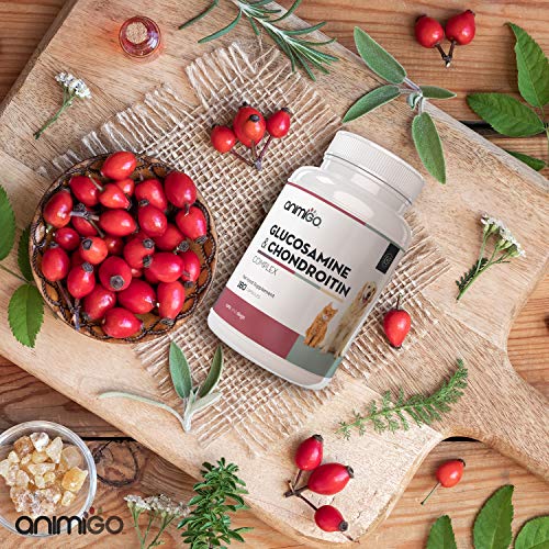 Animigo Glucosamina y Condroitina 500mg 180 Cápsulas | Suplemento Antiinflamatorio para Perros y Gatos Natural con Vitamina C y para Articulaciones, Huesos, Dientes, Cartílagos y Movilidad General