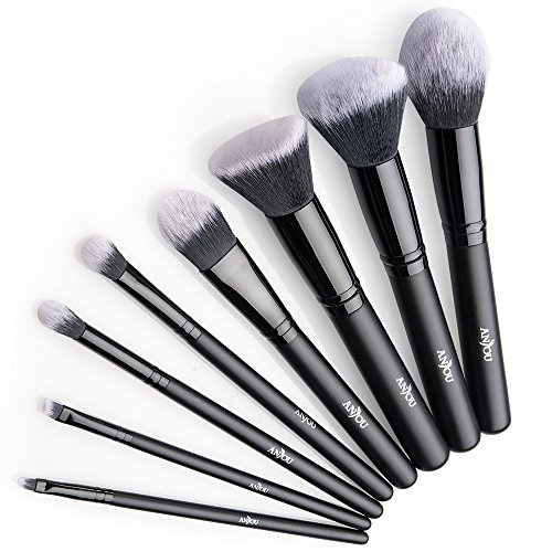 Anjou Brochas Maquillaje Profesional 8 Piezas, Set Brochas de Maquillaje 100% Libre de Crueldad y Vegano con Cerdas Sintéticas Suaves de Alta Calidad Bolso Cosmético Impermeable - Negro