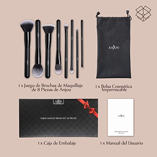 Anjou Brochas Maquillaje Profesional 8 Piezas, Set Brochas de Maquillaje 100% Libre de Crueldad y Vegano con Cerdas Sintéticas Suaves de Alta Calidad Bolso Cosmético Impermeable - Negro