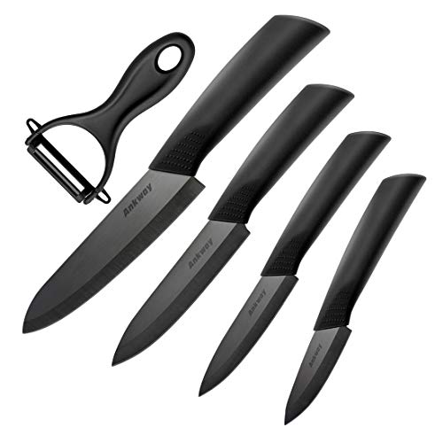 Ankway Cuchillos de Cocina de Cerámica Negro [Versión Mejorada], Juego de Cuchillos de Cerámica con Funda para Cocinar Carne Verduras Fruta Pan-Resistente a la Corrosión y a Las Manchas, 5 Piezas