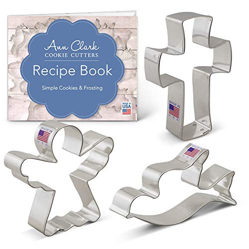 Ann Clark Cookie Cutters Juego de 3 cortadores de galletas Navidad religiosa con libro de recetas, ángel, cruz y paloma