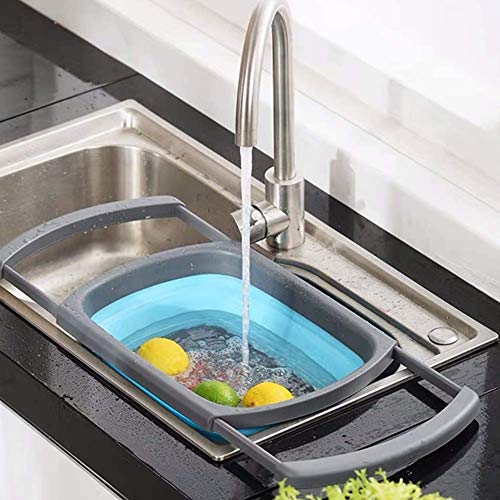 ANPI Escurridor Extensible, Colador de Cocina de Silicona Plegable Cesta de Comida Vegetal Fruta Sobre el Lavabo con Asas Estirables (Azul&Gris)