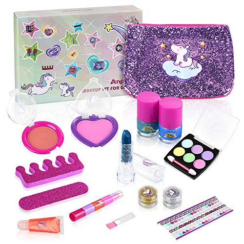 Anpro 15pcs Kit de Maquillaje Niñas,Juguetes para Chicas, Cosméticos Lavables, Regalo de Princesa para Niñas en Fiesta,Cumpleaños,Navidad