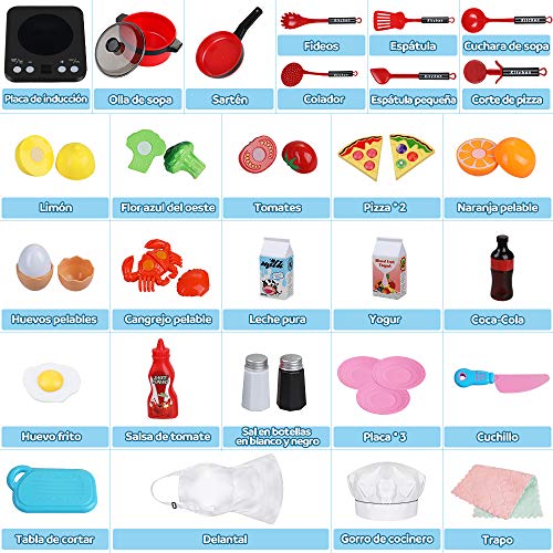 Anpro 32 PCS Kit de Cocina para Niños,Juguetes de Cocina Set,Juego de Cocina con Utensilios de Cocina,Juguete de Corte,Frutas,Vegetales,Delantal,Regalos de Fiestas, Cumpleaños, Navidad para Niños