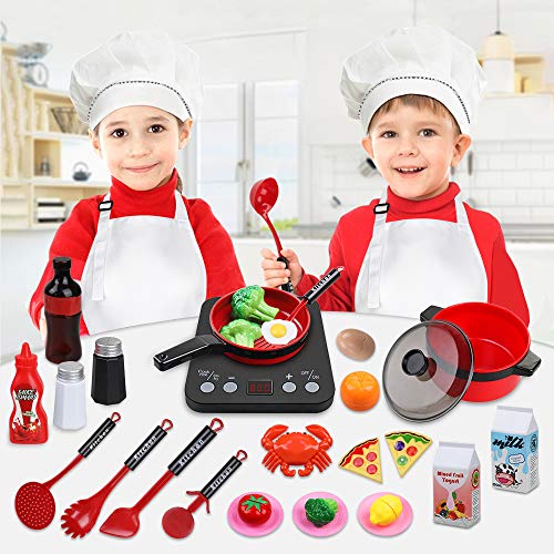 Anpro 32 PCS Kit de Cocina para Niños,Juguetes de Cocina Set,Juego de Cocina con Utensilios de Cocina,Juguete de Corte,Frutas,Vegetales,Delantal,Regalos de Fiestas, Cumpleaños, Navidad para Niños