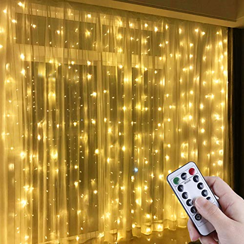 Anpro Luz Cadena Luz de Cortina USB, con 300 Bombillas LED, 8 Modos, Blanca Cálida, 3x3 m