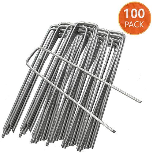 ANSIO Paquete de 100-Clavijas de jardín Estacas Grapas de césped Alfileres de Clavos en Forma de-150mm/6pulgadas- U Ideal para el Control de malezas Membrana/Malla Clavija de Tierra galvanizada