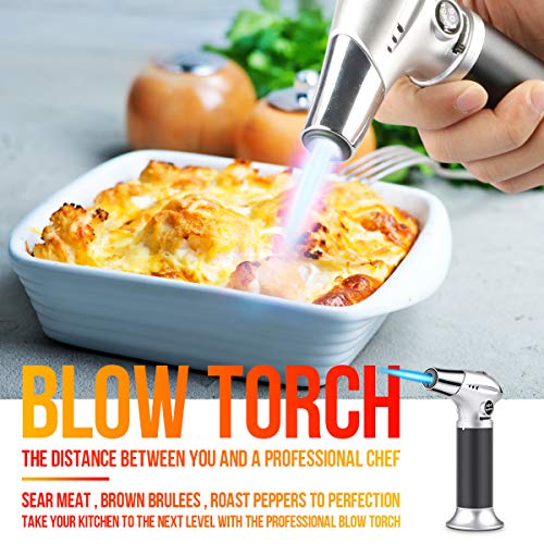 Antorcha de Cocina, RenFox Soplete de Cocina Profesional Antorcha Butano Encendedor Culinario Mini Soplete de Gas Recargable con Cerradura de Seguridad y Llama Ajustable para Brulée Crema, Cámping