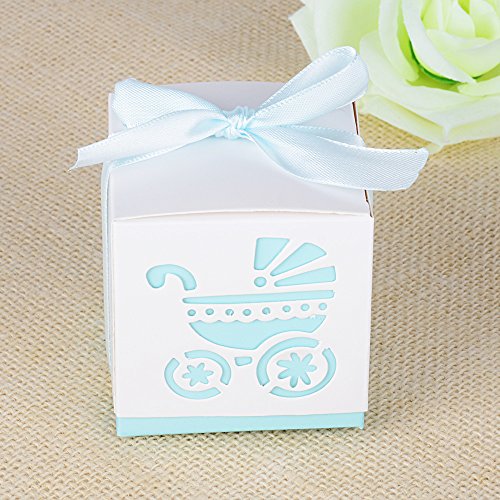 AONER 50Pcs Cajas de Papel de Bombones Regalos Detalles para Invitados de Boda, Fiesta, Comunion o Bautizo, Cumpleaños con Cintas (Cochecito-Azul)