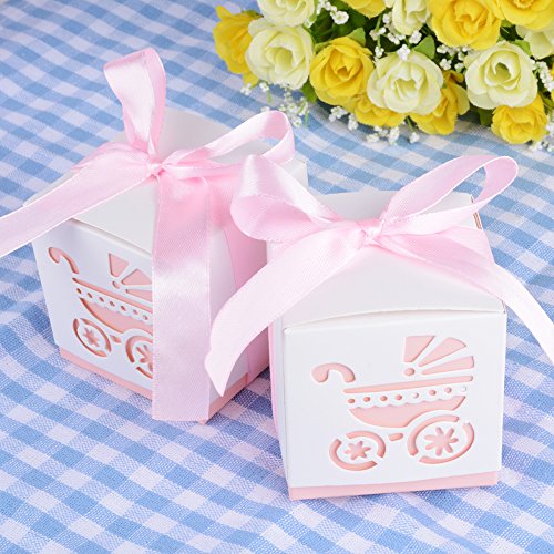 AONER 50Pcs Cajas Papel Bautizo Regalo Boda Bombones Detalles para Invitados Fiesta Comunion Cumpleaños con Cintas Forma Cochecito Rosa