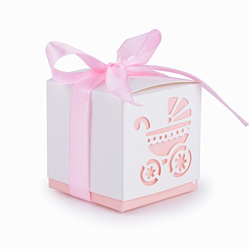 AONER 50Pcs Cajas Papel Bautizo Regalo Boda Bombones Detalles para Invitados Fiesta Comunion Cumpleaños con Cintas Forma Cochecito Rosa