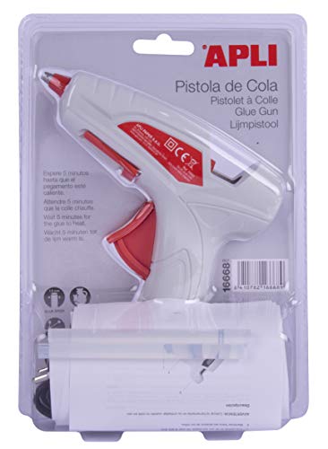 APLI 16668 - Pistola de cola PREMIUM termofusible Hot Melt 20W con 2 barras de cola, color Blanco, Única