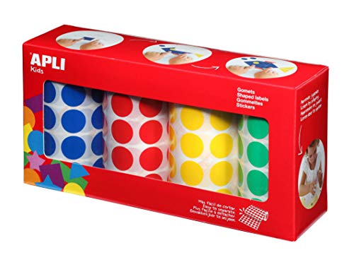 APLI Kids - Pack 4 rollos de gomets redondos, 20 mm, colores azul ,rojo, amarillo y verde 7.080uds