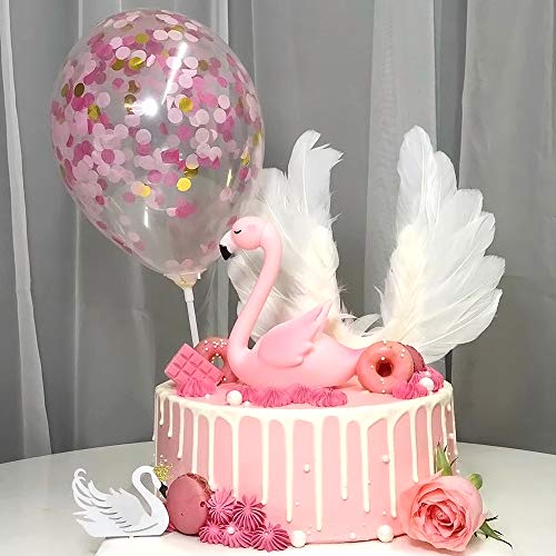Aprildecember - Juego de 9 adornos para tarta con flamenco rosa, pluma, globo con luz LED, Happy Birthday, base de figuras, corona y 2 formas de corazón