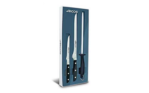 Arcos Set Cuchillo Jamonero + 1 Deshuesador + 1 Chaira Hoja de Acero Inoxidable Forjado Nitrum Mango de Polioximetileno, Negro, Paquete de 3