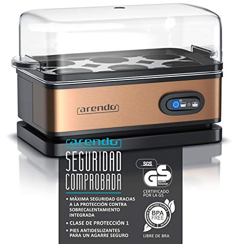 arendo - Cocedor de Huevos Cuecehuevos con función de Mantenimiento de Calor - Egg Cooker - Capacidad 1-6 Huevos - de Acero Inoxidable - Interruptor de función con piloto - 400 W - Negro Cobre