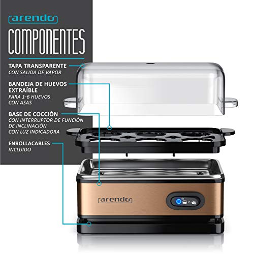 arendo - Cocedor de Huevos Cuecehuevos con función de Mantenimiento de Calor - Egg Cooker - Capacidad 1-6 Huevos - de Acero Inoxidable - Interruptor de función con piloto - 400 W - Negro Cobre