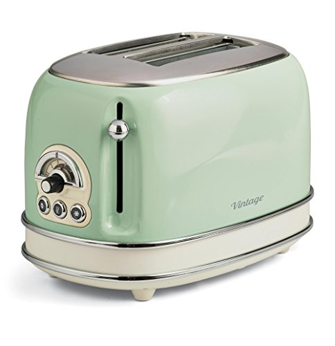 ARIETE 155/14 Tostador 2 ranuras anchas, vintage, 6 posiciones, función descongelar, recalentar, cancelar, paredes frías, pies antideslizante, recogecable, 810 W color verde