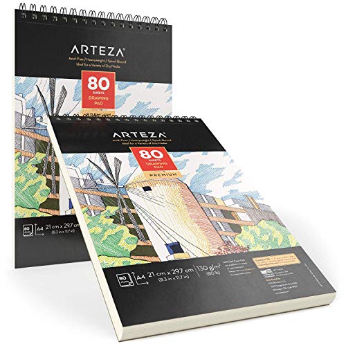 Arteza Cuadernos de dibujo A4 | Pack de 2 blocs de 80 hojas cada uno | Papel grueso de 130g | para dibujo artístico con medios secos