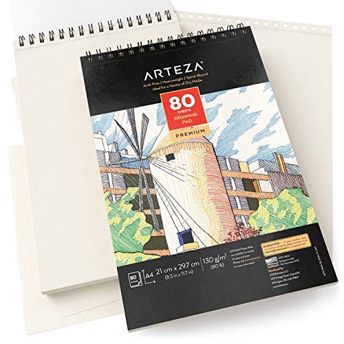 Arteza Cuadernos de dibujo A4 | Pack de 2 blocs de 80 hojas cada uno | Papel grueso de 130g | para dibujo artístico con medios secos