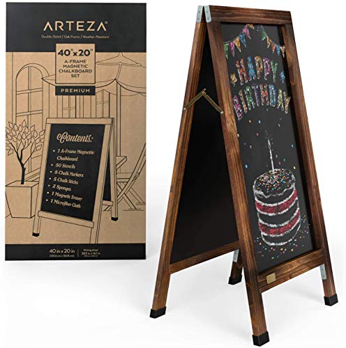 Arteza Pizarra plegable doble con caballete, 40x20“ (1 m x 50 cm aprox.), incluye tizas, rotuladores, borradores y plantillas, pizarras de exterior para tiendas y bares, letreros de boda y eventos