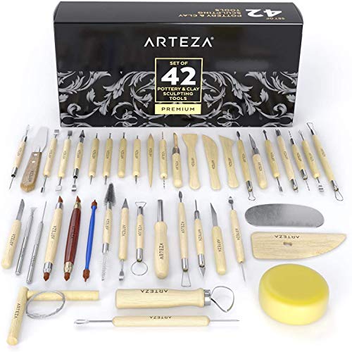 Arteza® Set de herramientas de esculpir arcilla y modelar cerámica, para profesionales o novatos, materiales de madera con puntas de acero inoxidable resistente, en caja de cartón (kit de 42)