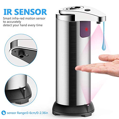 ASANMU Dispensador de Jabón Automático, 250ml Dispensador Jabón con Acero Inoxidable con detección de Infrarrojos Dispensador de Líquido con Base Impermeable para Baño, Cocinas, Hotel, Restaurante