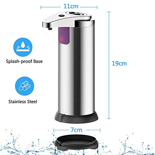 ASANMU Dispensador de Jabón Automático, 250ml Dispensador Jabón con Acero Inoxidable con detección de Infrarrojos Dispensador de Líquido con Base Impermeable para Baño, Cocinas, Hotel, Restaurante