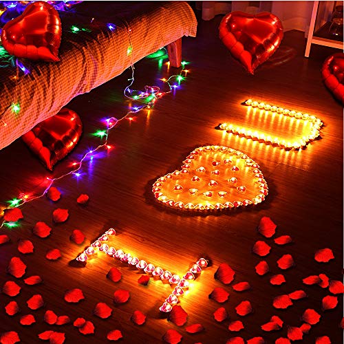 ASANMU Kit Romántico de Velas y Pétalos, 1000 Piezas Pétalos de Rosa + 50 Rojo Velas en Forma de Corazón + 10 Foil Globos Corazón Rojo Decoración para Bodas, San Valentín, Aniversarios y Compromiso