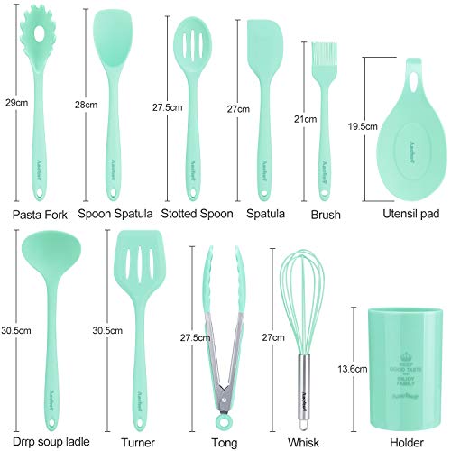 Aschef - Juego utensilios cocina Slicone, juego 11 utensilios cocina prácticos y resistentes para el almacenamiento, antiadherente, kit de utensilios de cocina completo con espátula, color azul