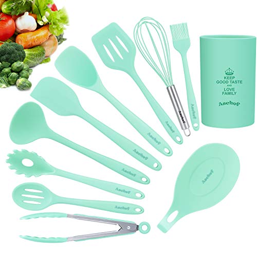 Aschef - Juego utensilios cocina Slicone, juego 11 utensilios cocina prácticos y resistentes para el almacenamiento, antiadherente, kit de utensilios de cocina completo con espátula, color azul