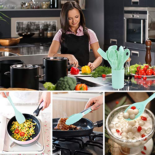 Aschef - Juego utensilios cocina Slicone, juego 11 utensilios cocina prácticos y resistentes para el almacenamiento, antiadherente, kit de utensilios de cocina completo con espátula, color azul