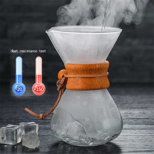 Asdomo - Cafetera con jarra de vidrio de borosilicato y filtro de acero inoxidable reutilizable manual de goteo de café con funda de madera de color solar, 400 ml with Filter transparente