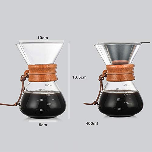 Asdomo - Cafetera con jarra de vidrio de borosilicato y filtro de acero inoxidable reutilizable manual de goteo de café con funda de madera de color solar, 400 ml with Filter transparente