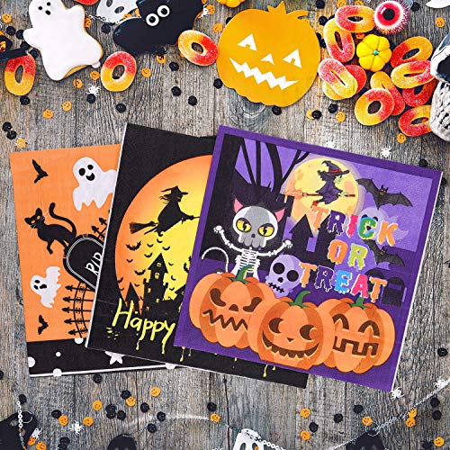 ASTARON 60 servilletas de Halloween de 13 x 13 pulgadas, servilletas de papel desechables para cóctel para suministros de fiesta de Halloween, 3 diseños de servilletas temáticas de Halloween