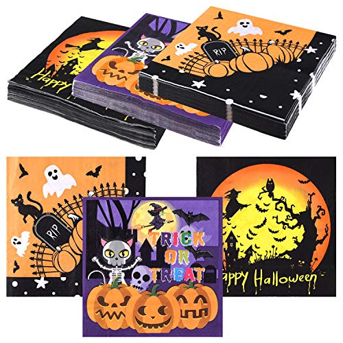 ASTARON 60 servilletas de Halloween de 13 x 13 pulgadas, servilletas de papel desechables para cóctel para suministros de fiesta de Halloween, 3 diseños de servilletas temáticas de Halloween