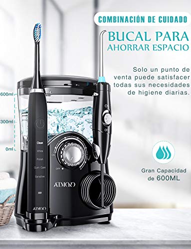 ATMOKO 2 en 1 Irrigador Dental Profesional y Cepillo electrico para Dientes, 7 Boquillas, 5 Modos con Capacidad de 600ml por 21 Días de Autonomía, 10 Ajustes de Presión del Agua, IPX7