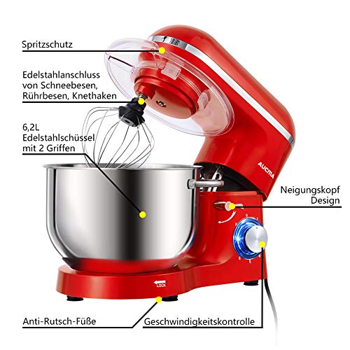 Aucma - Robot de cocina (1400 W, con bol de acero inoxidable de 6,2 L, amasador, batidor,varillas y protección para salpicaduras, 6 velocidades, silencioso)