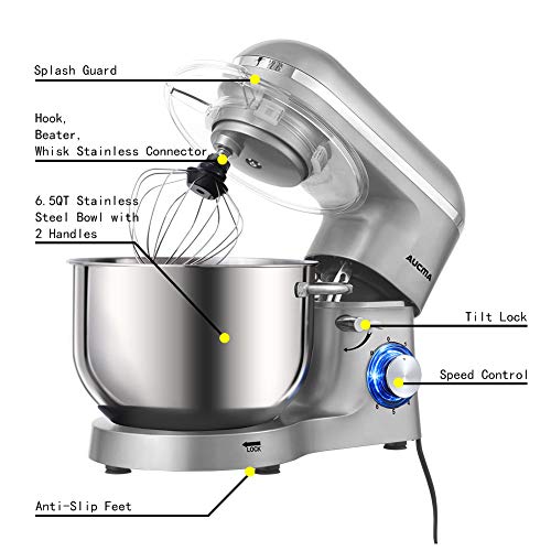 Aucma Robot de Cocina (1400 W, con Bol de Acero Inoxidable de 6,2 L, amasador, batidor,Varillas y protección para Salpicaduras, 6 velocidades, silencioso)