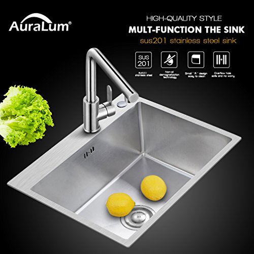 AuraLum 55×45×22cm Fregadero Empotrado Fregadero Lavabo Manual Lavabo de Acero Inoxidable Cepillado Fregadero Superpuesto 2 Orificios de Montaje (Un Seno Typo D)