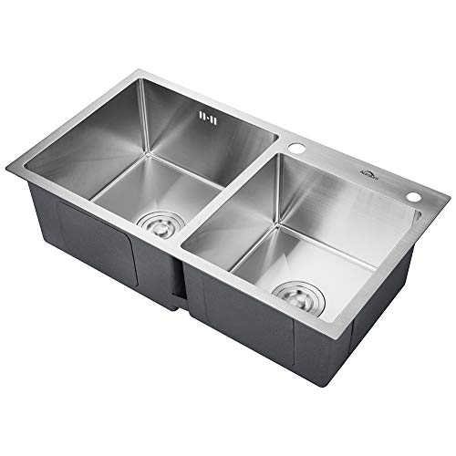 AuraLum 78 x 43 cm Fregadero De Cocina De Acero Inoxidable Cepillado 2 Orificios