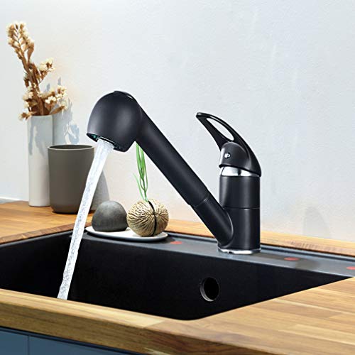 AuraLum Grifo Cocina Negro con Ducha Extraíble, 2 Funcións 360º Giratorio Grifo Monomando Extraíble para Fregadero con 2 Senos