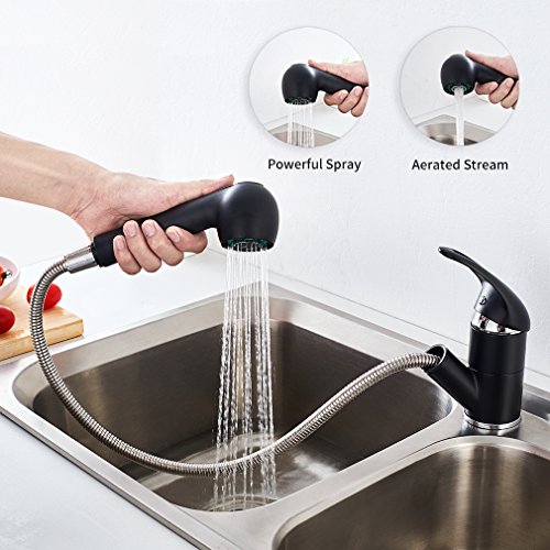 AuraLum Grifo Cocina Negro con Ducha Extraíble, 2 Funcións 360º Giratorio Grifo Monomando Extraíble para Fregadero con 2 Senos