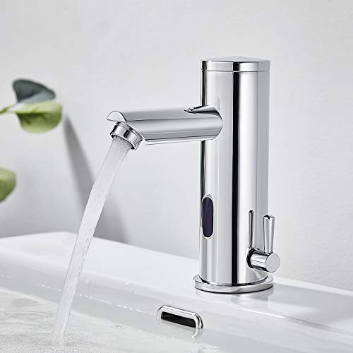 Auralum - Grifo con Sensor Infrarrojo Automático Electrónico, Grifo Sensor de Lavabo para Agua Caliente y Fría, Grifo Automático Baño de Latón Cromado